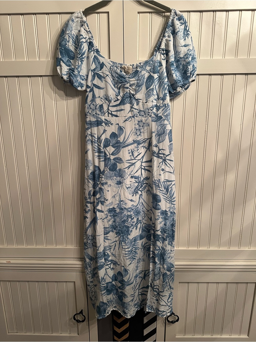 Sweet Wanderer White Midi Dress with Blue Floral Print Lined Size L